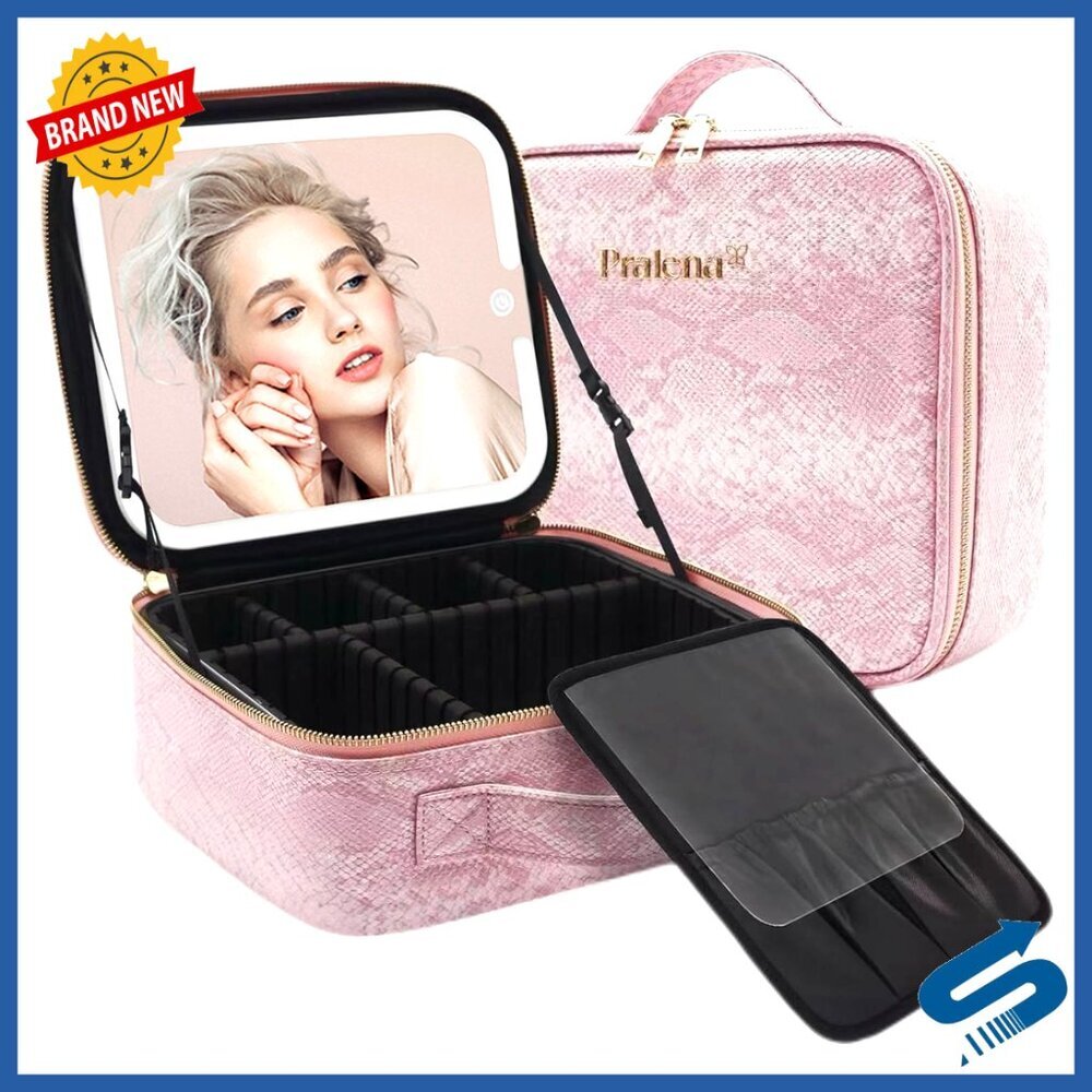 Portable Lighted Makeup Case with LED Mirror Adjustable Dividers Cosmetic